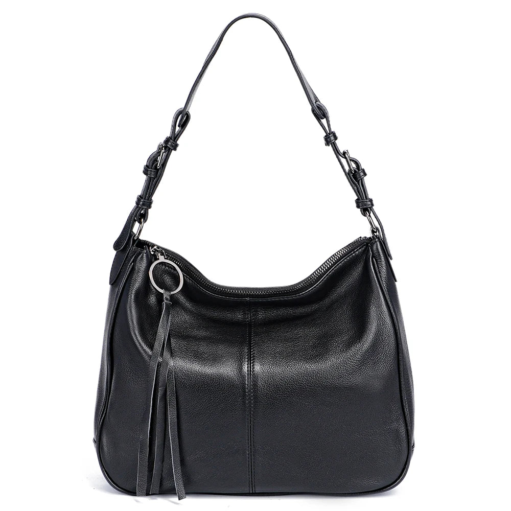 Zency Genuine Leather Hobo Bag Women Simple Classic Casual Handbag Shoulder Tote Soft Crossbody Large Pockets Tassel Bags