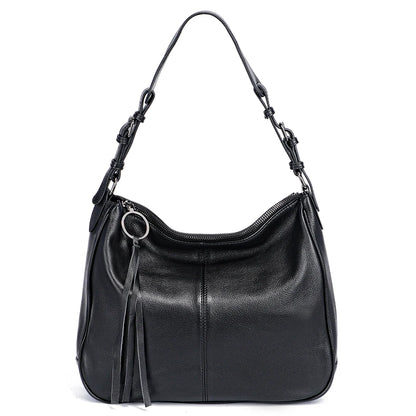 Zency Genuine Leather Hobo Bag Women Simple Classic Casual Handbag Shoulder Tote Soft Crossbody Large Pockets Tassel Bags