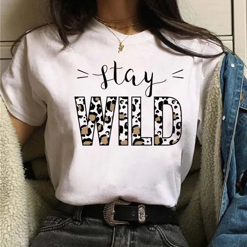Leopard Print Simple Round Neck Lovely Woman Harajuku Graphic T Shirts Tops Summer Fashion Harajuku Sleeve Aesthetic Clothes