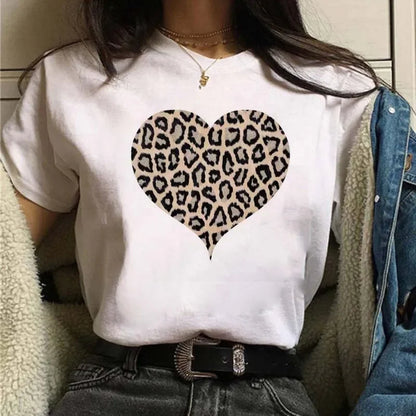 Leopard Print Simple Round Neck Lovely Woman Harajuku Graphic T Shirts Tops Summer Fashion Harajuku Sleeve Aesthetic Clothes