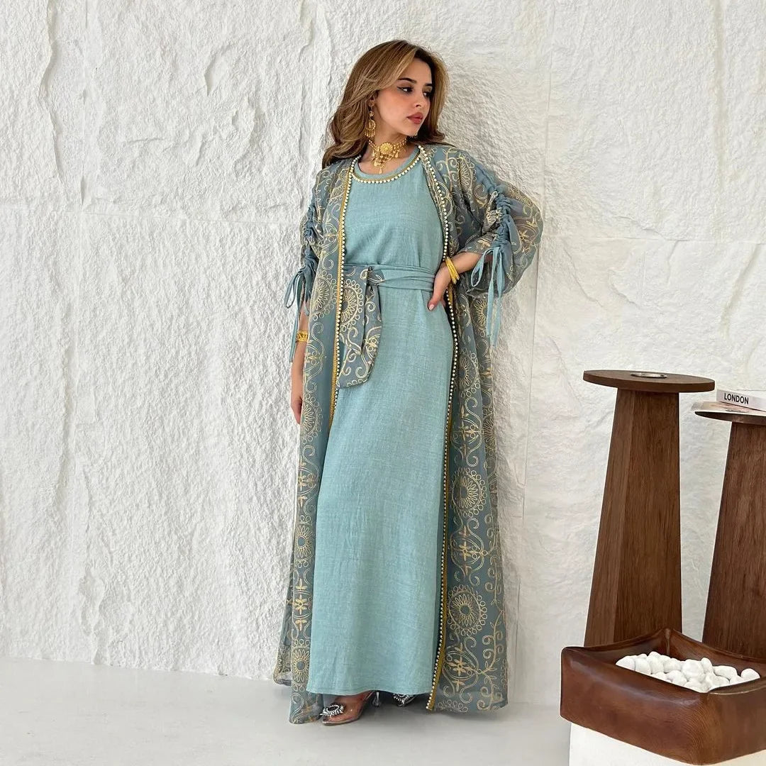 Eid Muslim Abayas for Women Party 2 Piece Set Embroidery Cardigan Robe Lace Up Dress Morocco Kaftan Islam Ramadan Dubai Vestidos