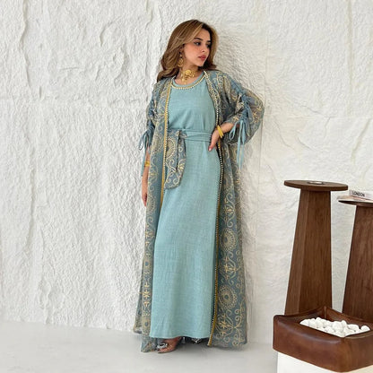 Eid Muslim Abayas for Women Party 2 Piece Set Embroidery Cardigan Robe Lace Up Dress Morocco Kaftan Islam Ramadan Dubai Vestidos