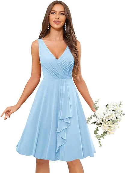 Short Bridesmaid Dresses for Women V-Neck Knee Length Pleated Ruffles Chiffon Evening Gown Evening Dresses Prom Party Dresses