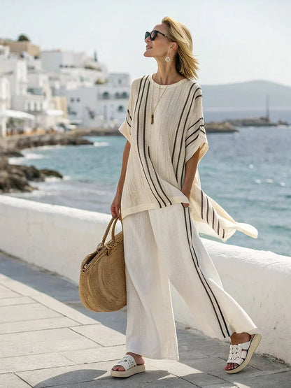 Retro Vacation Printed Striped 2Piece Set Half Sleeve Oversize Pullover Top+Long Pants Casual Women Patchwork Pocket Set Outfits