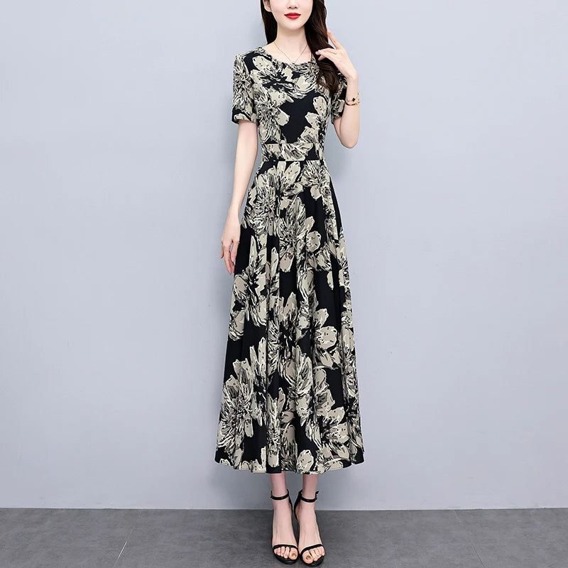 2024 Summer Floral Casual Long Sundress Women Elegant Bodycon Party Chic Prom Night Dresses Fashion Vintage Black Luxury Clothes