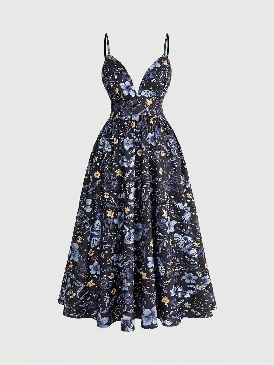 Floral Print Sleeveless V-Neck Midi Dress For Women Summer Casual Boho