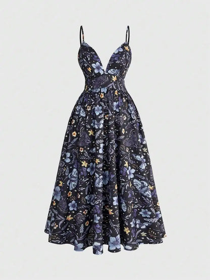 Floral Print Sleeveless V-Neck Midi Dress For Women Summer Casual Boho