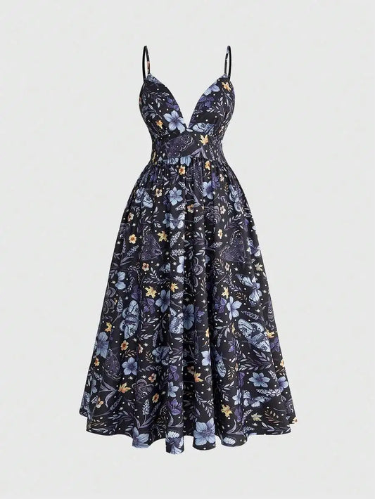 Floral Print Sleeveless V-Neck Midi Dress For Women Summer Casual Boho