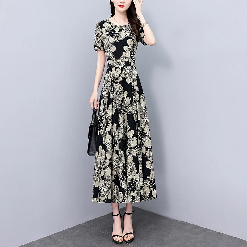 2024 Summer Floral Casual Long Sundress Women Elegant Bodycon Party Chic Prom Night Dresses Fashion Vintage Black Luxury Clothes