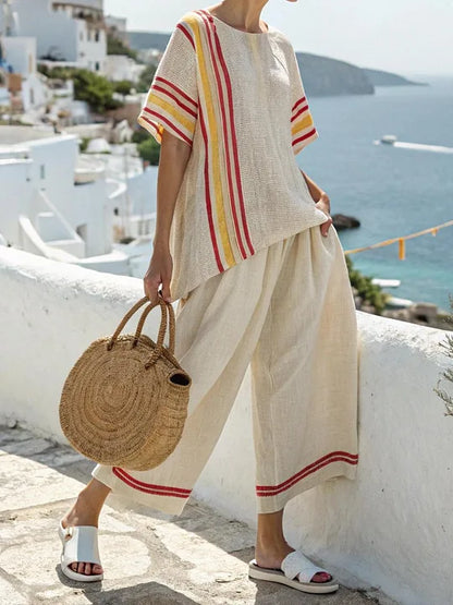 Retro Vacation Printed Striped 2Piece Set Half Sleeve Oversize Pullover Top+Long Pants Casual Women Patchwork Pocket Set Outfits