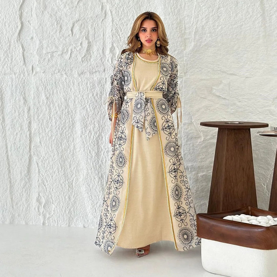 Eid Muslim Abayas for Women Party 2 Piece Set Embroidery Cardigan Robe Lace Up Dress Morocco Kaftan Islam Ramadan Dubai Vestidos