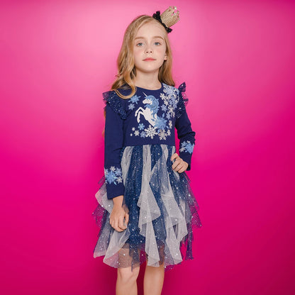DXTON Christmas Girls Dress 2024 New Year Party Princess Tutu Dress Unicorn Toddler Cotton Dress Snowflake Print Winter Clothing