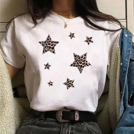 Leopard Print Simple Round Neck Lovely Woman Harajuku Graphic T Shirts Tops Summer Fashion Harajuku Sleeve Aesthetic Clothes