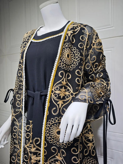 Eid Muslim Abayas for Women Party 2 Piece Set Embroidery Cardigan Robe Lace Up Dress Morocco Kaftan Islam Ramadan Dubai Vestidos