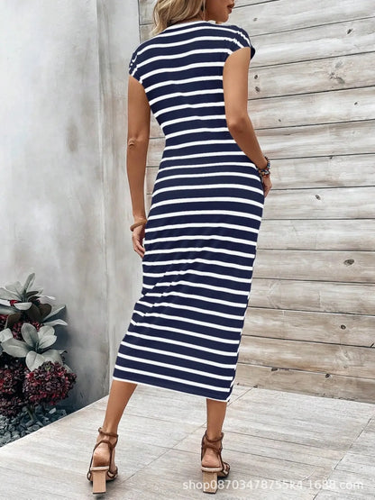 Summer New Long Dress Elegant Waist Strap Fashionable Striped Print Round Neck Short Sleeved High-end Women's Dress