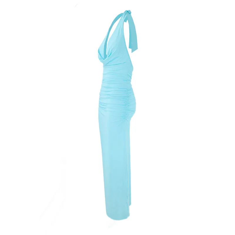 Summer Women's V-Neck Long Dresses Fashion High-Waisted Sexy Backless Sleeveless Solid Bodycon Gown Elegant Evening Party Outfit