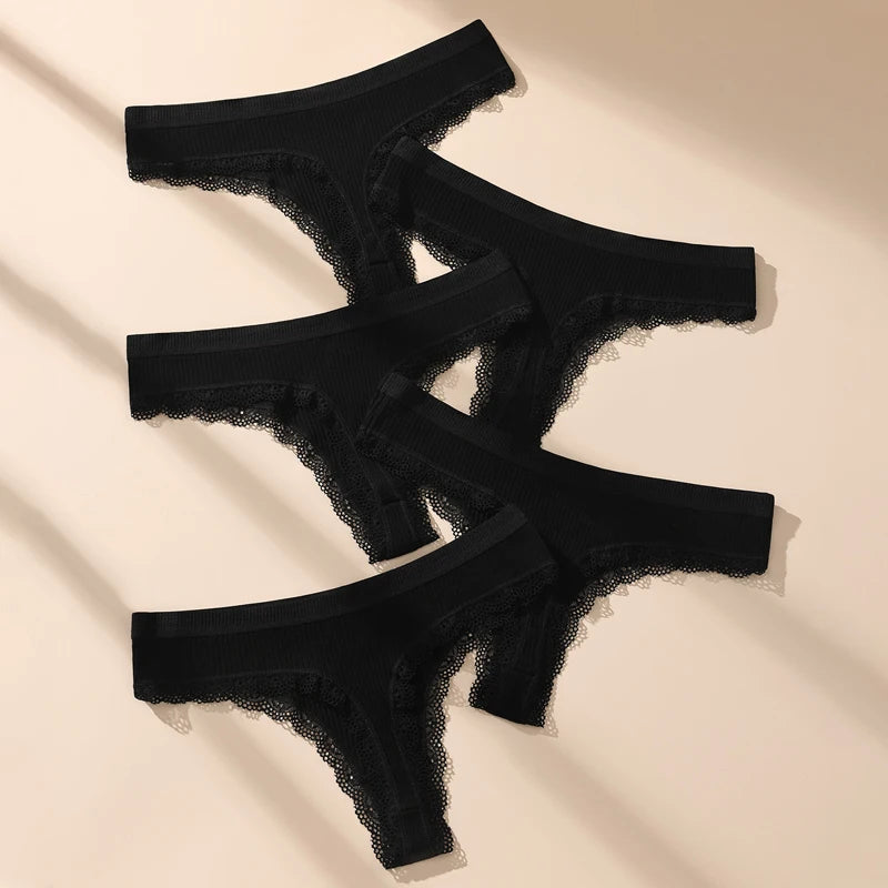 5Pcs Women Thongs Sexy Lace Panties Low Waist Underwear Girls Briefs G-String Breathable Ladies Panty Black Female Lingerie S-XL