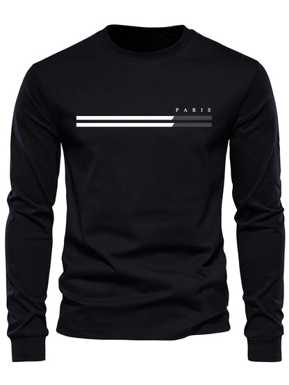 Men's 100% pure cotton summer loose comfortable casual  PARIS print large round neck long sleeve T-shirt top