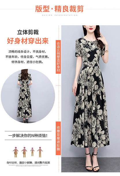 2024 Summer Floral Casual Long Sundress Women Elegant Bodycon Party Chic Prom Night Dresses Fashion Vintage Black Luxury Clothes