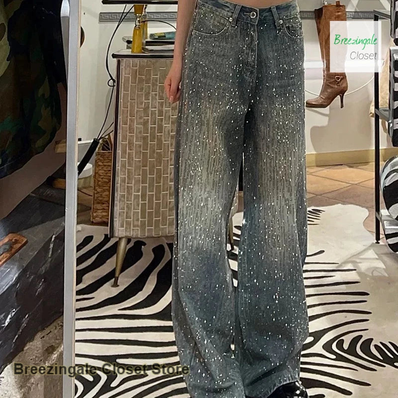 Korean style fashion rhinestone jeans women's autumn and winter new design temperament high waist straight loose trousers.