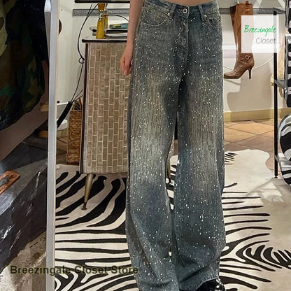 Korean style fashion rhinestone jeans women's autumn and winter new design temperament high waist straight loose trousers.
