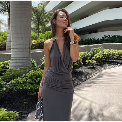 Elegant Women's Grey Halter Cowl-neck Draped Maxi Dress Sleeveless Slim Robe 2025 Summer New Fashion Female Evening Party Gown