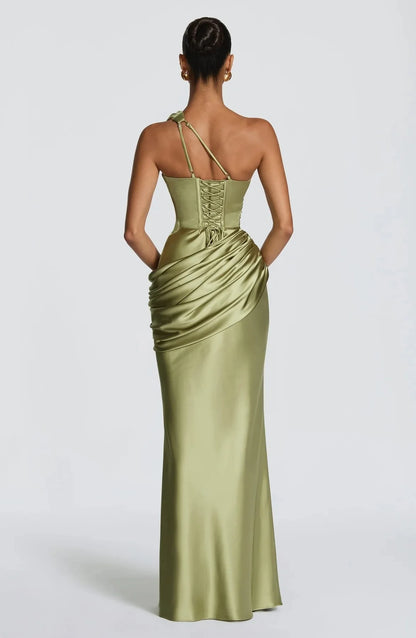 Women Green Ruched Elegant Satin Maxi Dress Mermaid One-shoulder Cutout Slim Fit Flowy Vestido 2026 Lady Summer Evening Vestidos