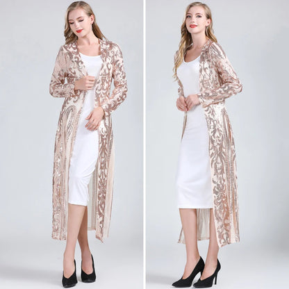 Women Sexy Long Sequin Open Front Mesh Cardigan Embroidery Long Sleeve Blouse Cover Up Coat Evening Prom Party Tops