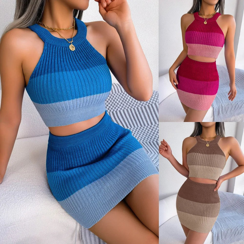 Summer Spring Women's Clothing Gradient Crop Top Bodycon Skirt Two Piece Set For Woman Viscose Sleeveless Matching Outfits