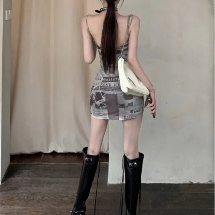 Dress for Women Korean Style Tight Newspaper Printed Dress Summer Hot Girl Suspender Short Skirt Pure Desire Long Sleeved Dress