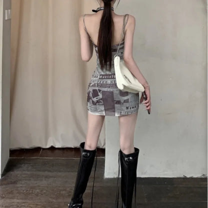 Dress for Women Korean Style Tight Newspaper Printed Dress Summer Hot Girl Suspender Short Skirt Pure Desire Long Sleeved Dress
