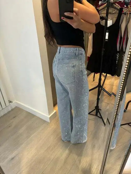 Japanese and Korean Casual Women's High Waisted Washed Denim Jeans, Loose and Slimming, Versatile and Rhinestone Hot Stamping