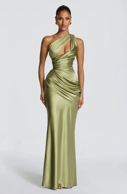 Women Green Ruched Elegant Satin Maxi Dress Mermaid One-shoulder Cutout Slim Fit Flowy Vestido 2026 Lady Summer Evening Vestidos