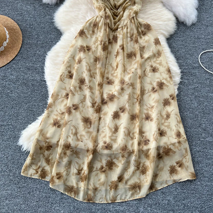 New Korean Fashion Rose Flower Print Romantic Retro Party Dress Summer Elastic High Waist Vacation Long Dress Beach Vestido
