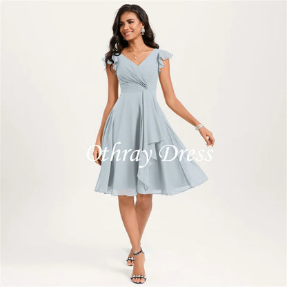 New A-line Bridesmaid Dress With Ruffle Prom Dresses V Neck Party Dresses Chiffon Knee-Length Vestidos De Fiesta فساتين السهرة