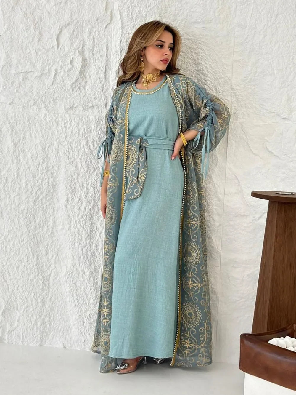 Eid Muslim Abayas for Women Party 2 Piece Set Embroidery Cardigan Robe Lace Up Dress Morocco Kaftan Islam Ramadan Dubai Vestidos