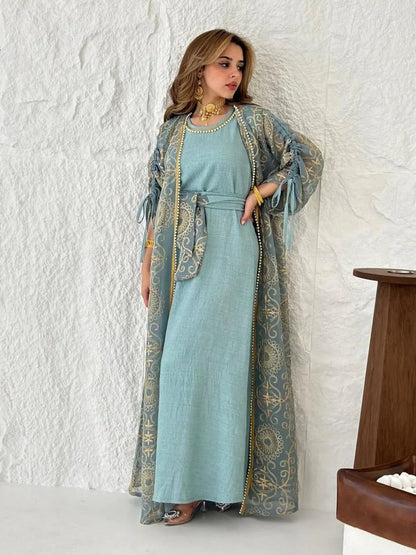 Eid Muslim Abayas for Women Party 2 Piece Set Embroidery Cardigan Robe Lace Up Dress Morocco Kaftan Islam Ramadan Dubai Vestidos