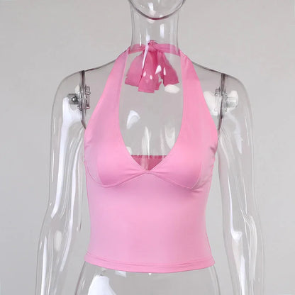 Summer Halter Camisole Tank Top Women V-Neck Sexy Tanks Camis Skinny Backless Pink Corset Tee Shirt Femme Tops WomanT-shirt