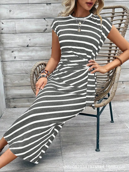 Summer New Long Dress Elegant Waist Strap Fashionable Striped Print Round Neck Short Sleeved High-end Women's Dress