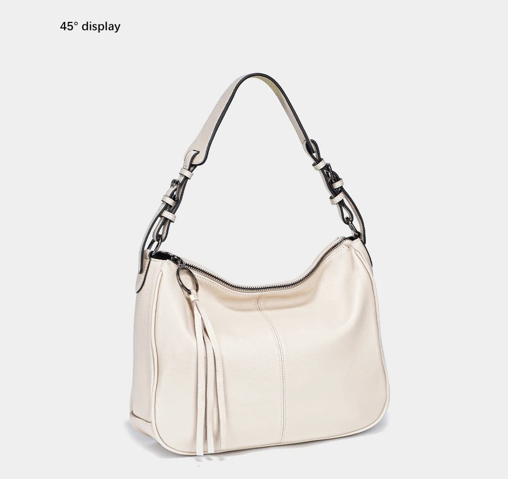 Zency Genuine Leather Hobo Bag Women Simple Classic Casual Handbag Shoulder Tote Soft Crossbody Large Pockets Tassel Bags