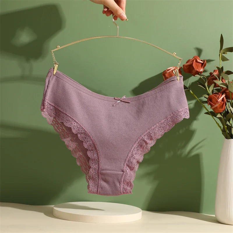 4PCS/Set Women Cotton Panties Sexy Lace Braizlian Panties Low Rise Hollow Out Underwear for Female Cute Bow Breathable Lingerie