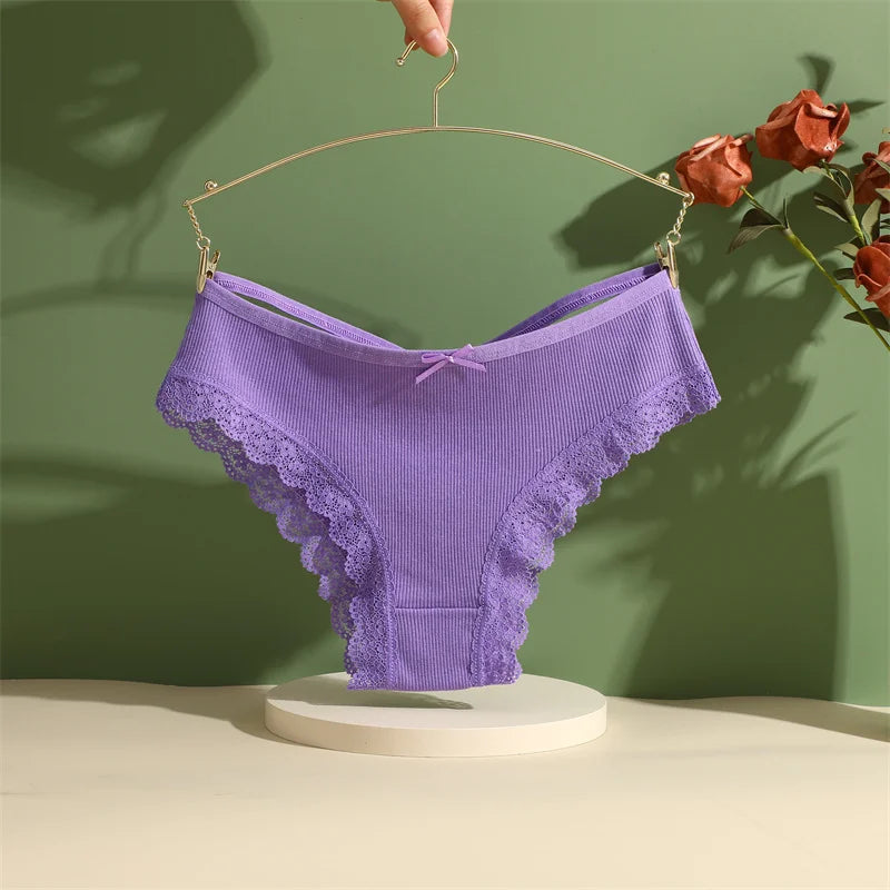4PCS/Set Women Cotton Panties Sexy Lace Braizlian Panties Low Rise Hollow Out Underwear for Female Cute Bow Breathable Lingerie