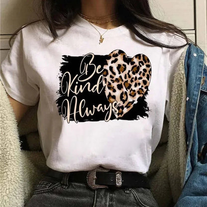 Leopard Print Simple Round Neck Lovely Woman Harajuku Graphic T Shirts Tops Summer Fashion Harajuku Sleeve Aesthetic Clothes