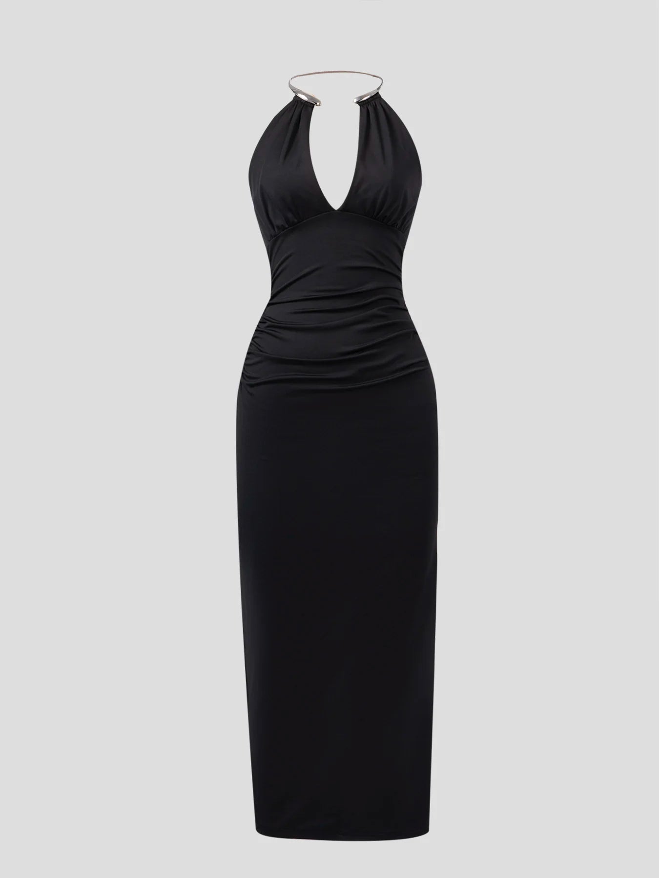 Women HalterNeck DeepV Black Ruched Slit Maxi Dress Elegant Sexy Party SpringSummer Glam WeddingGuest Cocktail Stretchy Dress