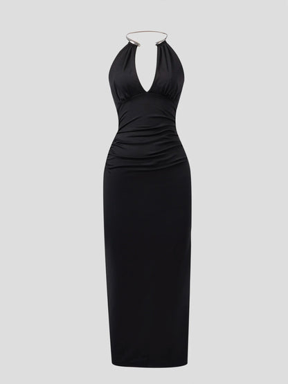 Women HalterNeck DeepV Black Ruched Slit Maxi Dress Elegant Sexy Party SpringSummer Glam WeddingGuest Cocktail Stretchy Dress