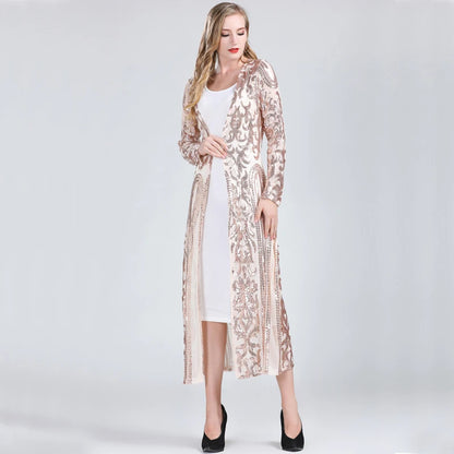 Women Sexy Long Sequin Open Front Mesh Cardigan Embroidery Long Sleeve Blouse Cover Up Coat Evening Prom Party Tops