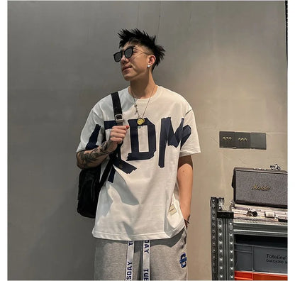 2023 Summer Casual All-match Trend Korean Fashion Short Sleeve Round Neck Solid Color Letter Printed Loose Fashion Youth T-shirt
