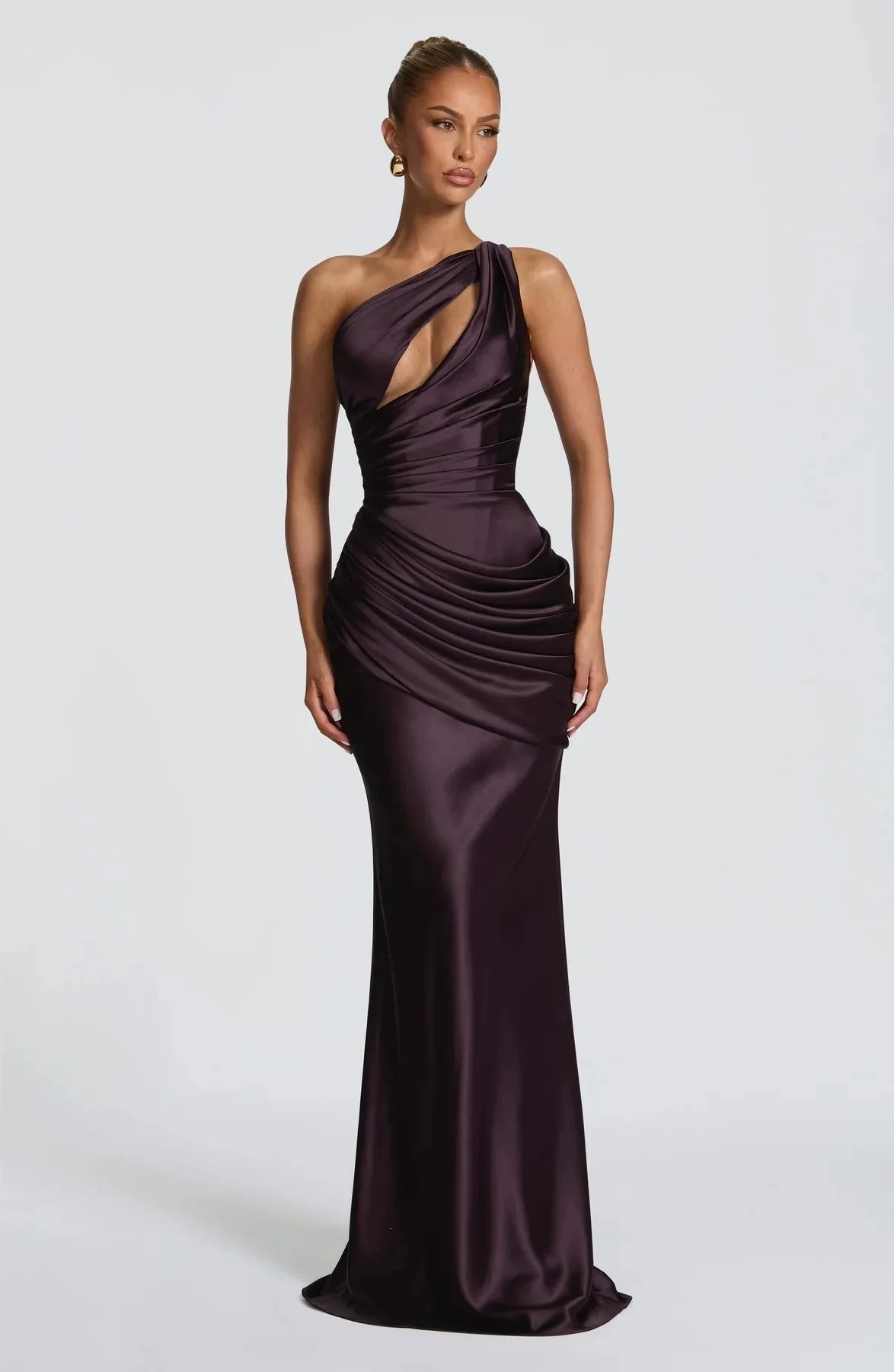 Women Green Ruched Elegant Satin Maxi Dress Mermaid One-shoulder Cutout Slim Fit Flowy Vestido 2026 Lady Summer Evening Vestidos
