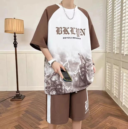2026Summer fashion men's personalized letterprintcomfortable breathableround neck T-shirt shorts set outdoor street style outfit