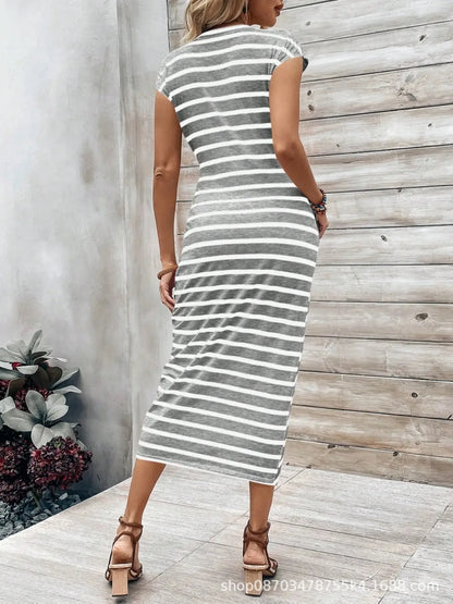 Summer New Long Dress Elegant Waist Strap Fashionable Striped Print Round Neck Short Sleeved High-end Women's Dress